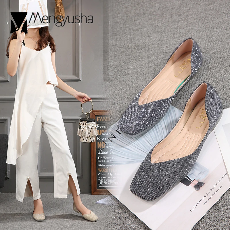 Блестящая Тканевая обувь на плоской подошве с квадратным носком женская