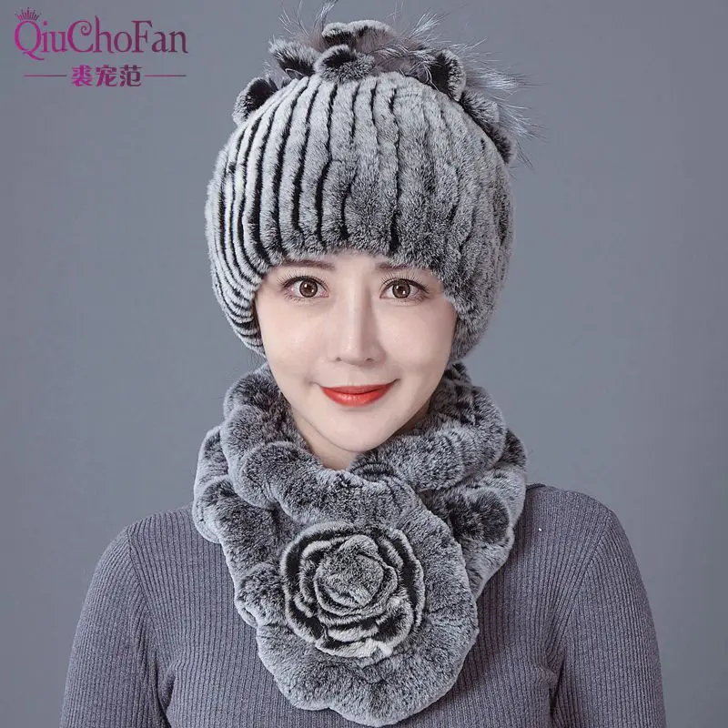 

New Women Winter Luxury Real Rex Rabbit Fur Hat Scarf 2 Pieces Knitted Rex Rabbit Fur Hat Top Natural Fox Fur Cap Scarves Sets