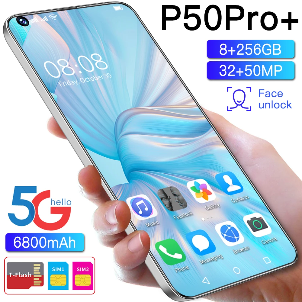 

New Arrival P50Pro+ 7.3 Inch 8+256GB 32+50MP Face ID 6800mAh Dual SIM Android Smartphpone Global Version Qualcomm 888 10 Core