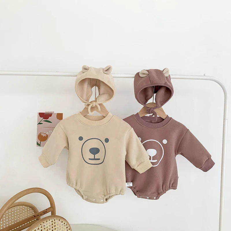 0-24M Newborn baby Fleece Bear Romper With Hat Autumn Winter Cartoon Triangle Jumpsuit Kids Baby Boy Girl Clothes