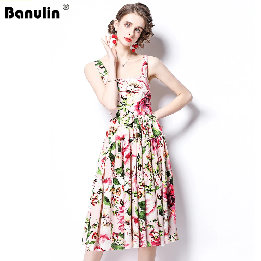 

Banulin 2021 New Summer Runway Beach Dress Women's Spaghetti Strap Backless Sundress Charming Floral Print Holiday Party Dress