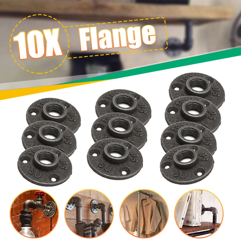 

10Pcs 1" 1/2" 3/4" Decorative Malleable Iron Floor/Wall Black Flange Malleable Cast Iron Pipe Fitting BSP Threaded Hole Hardware