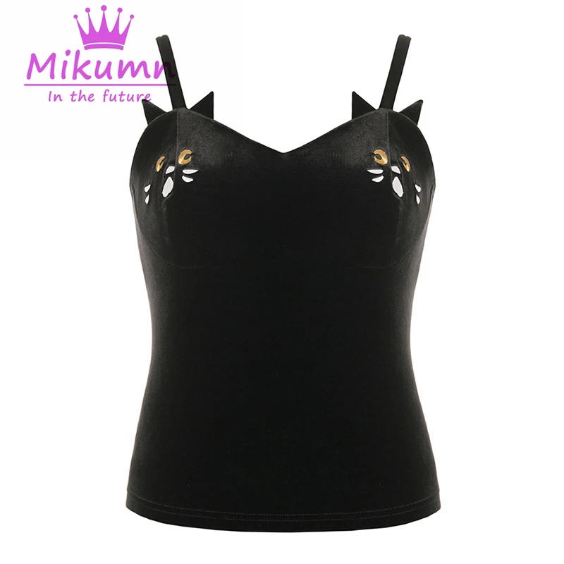 Харадзюку готический панк Кот вышитый бархат Camisole короткий топ сексуальный открытая спина тонкий без рукавов майка Топы