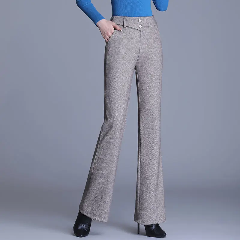 

Women's Woolen Pants New Autumn Winter Vintage Women Solid Color Long Flared Pants Casual Female Loose High Waist Trousers P173