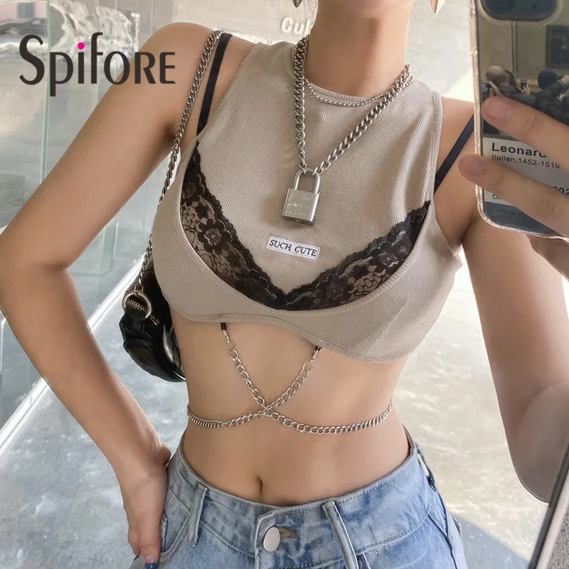 

Женский трикотажный топ с надписью Spifore, летний кружевной топ без рукавов, Y2K, облегающая одежда, 2021