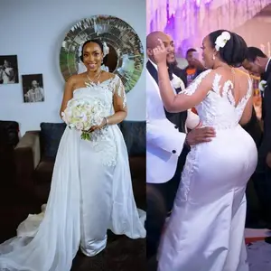 African Plus Size Mermaid Wedding Dresses Detachable Train One Shoulder Long Sleeve robe de soiree Bridal Gowns Lace African Plus Size Mermaid Wedding Dresses Detachable Train One Shoulder Long Sleeve robe de soiree Bridal Gowns Lace
