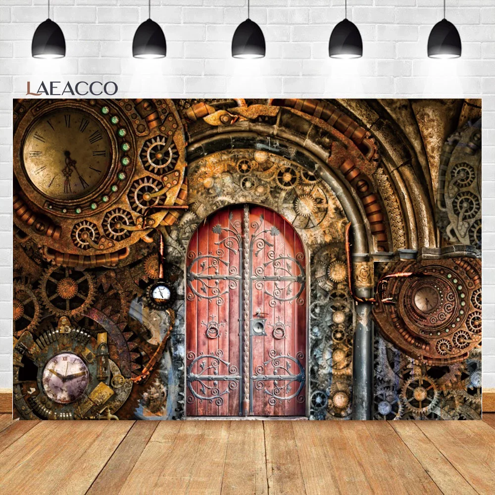 

Laeacco Vintage Steampunk Backdrop Rusty Gear Metal Gearwheel Gate Adult Kids Portrait Photography Background For Photo Studio