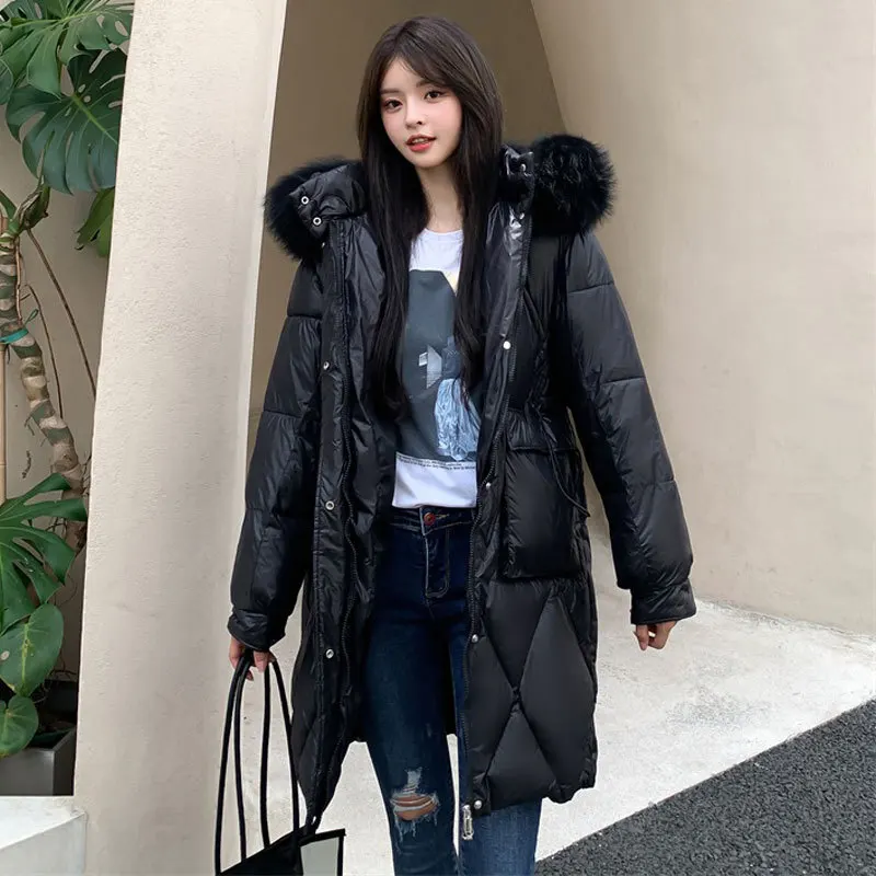 2021 New Cotton-padded Coat Casual Style Long Winter Women's Casual With Hood Collar Argyle Pattern Oversized Warm Chic Jacket
