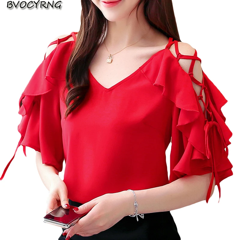 

Новинка весна-лето 2020, милая шифоновая рубашка с короткими рукавами и завязками, женская Свободная рубашка с V-образным вырезом, большие раз...