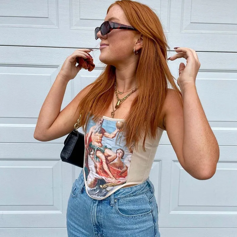 

Vintage Fashion Aesthetic Print Sexy Strapless Crop Tops for Women Sleeveless Backless Corset Cropped Tops Club