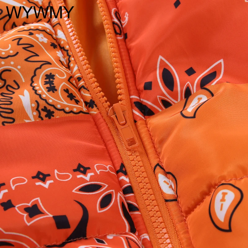 WYWMY Casual Print Puffer Bandana Jacket Winter Coat Women Thick Warm Fashion Clothing Streetwear Crop Parka Puffer Bubble Coats