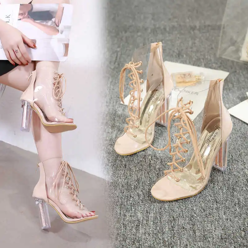 

Summer style new crystal thick heel sandal lace up color matching high heel fish mouth high heel sandal