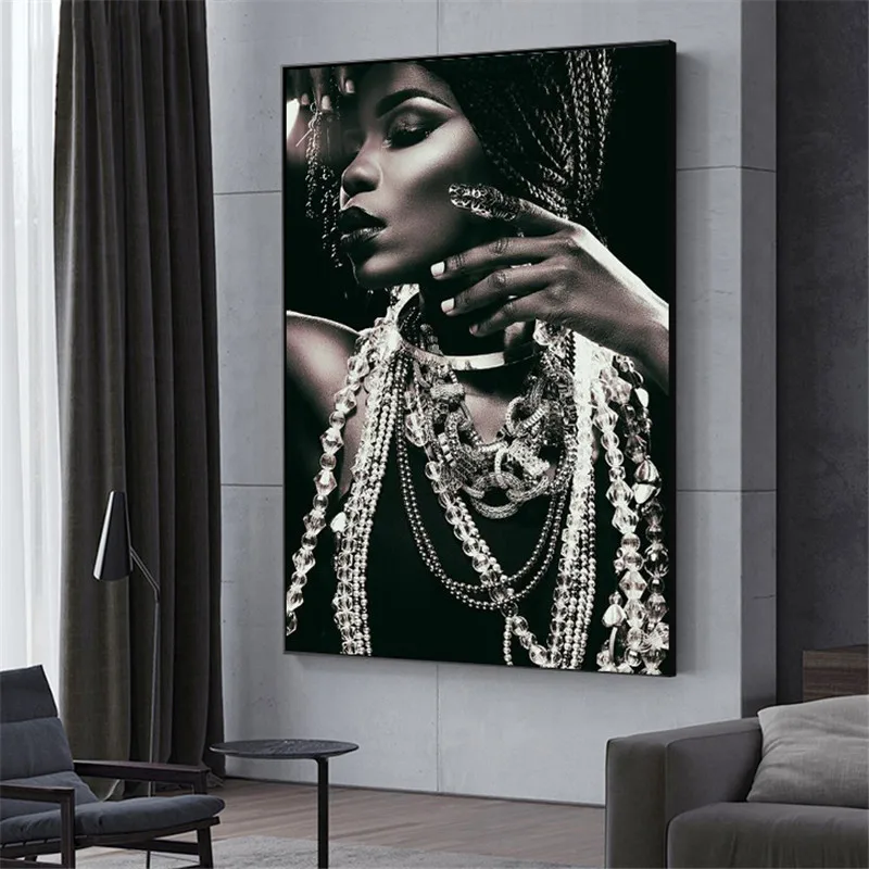 

Portrait of African With Jewellery Wall Art Posters And Prints Black Woman Art Canvas Paintings Silver Body Art Pictures Cuadros