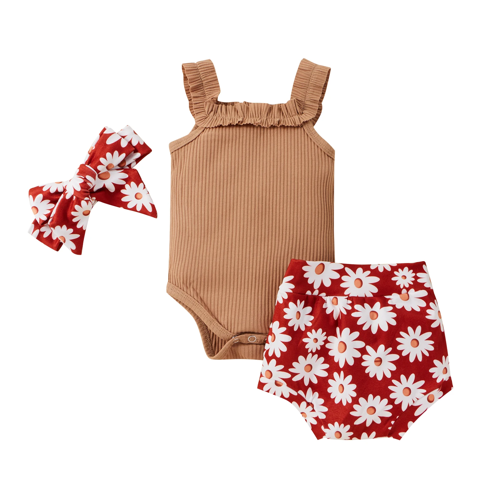 

3 Pcs Newborn Casual Outfits, Baby Girl Sleeveless Square Collar Ribbed Romper + Daisy Print Shorts + Headband