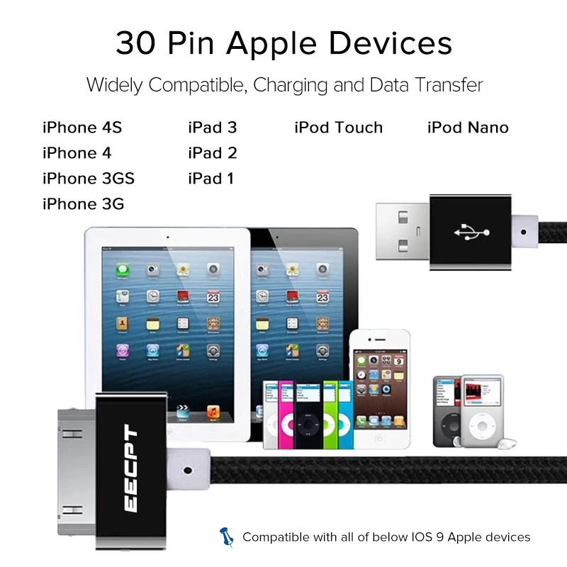 USB-кабель EECPT для iPhone 4S 4 s iPad 2 3 iPod Nano iTouch 30 Pin оригинальный зарядный кабель
