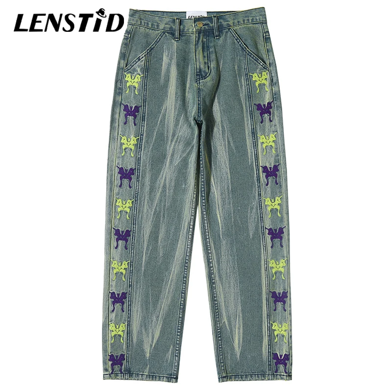 LENSTID 2020 уличная хип хоп мужские джинсовые брюки с вышивкой бабочки черные