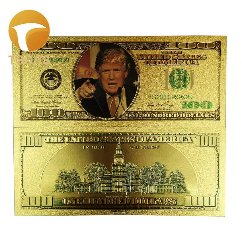 10 шт./лот красочные банкноты США Трамп 100 долларов в 24K позолоченные бумажные