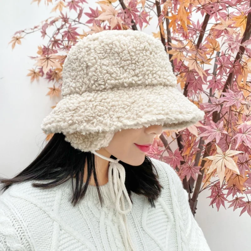 Korean Fashion Hats Women Autumn Winter Bucket Hats Warm Lamb Plush Soft Fisherman Hat Harajuku Casual Caps Female Lady Flat