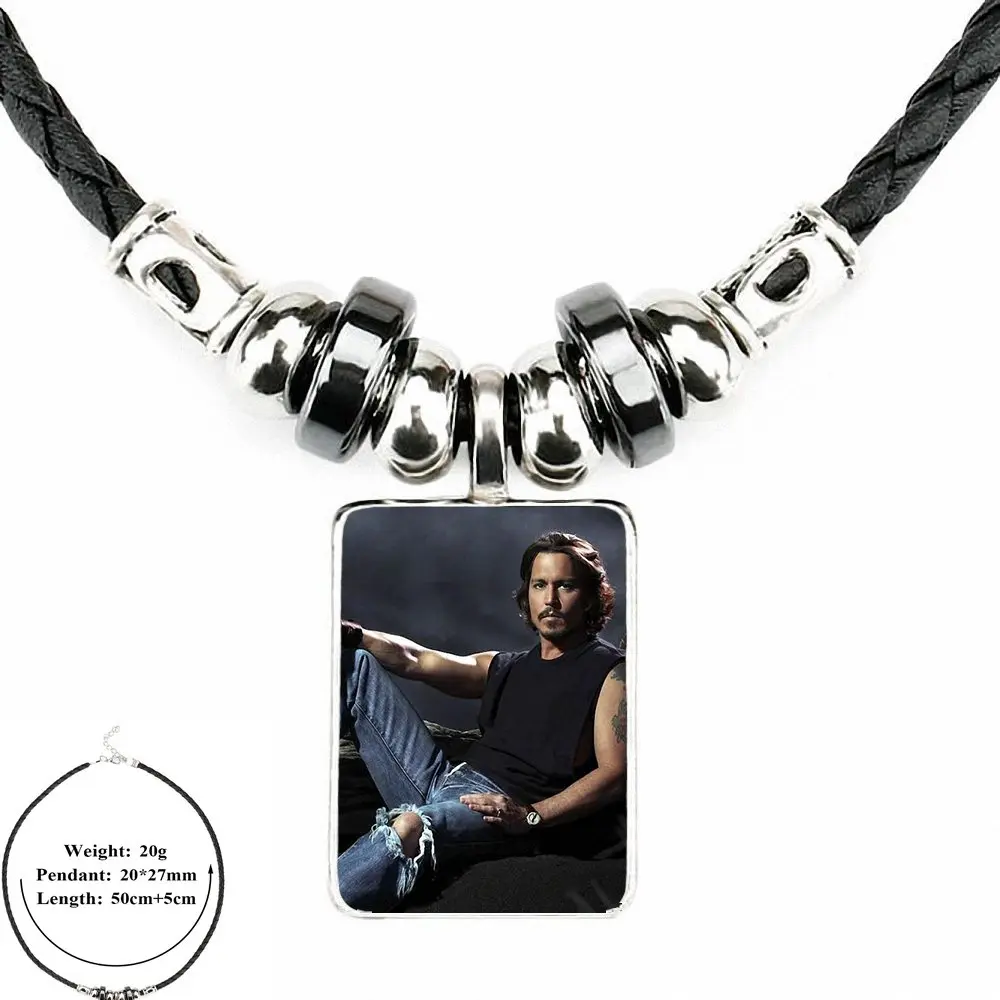 EJ Glaze For Women Kids Gift Jewelry Black Leather Bead Pendant Glass Cabochon Choker Necklace Actor Johnny Depp | Украшения и