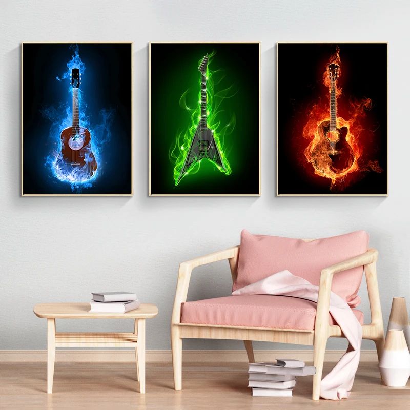moderne musical instruments feuer brennende elektrische gitarre poster leinwand malerei wand kunst drucke wohnzimmer dekoration bilder free global shi