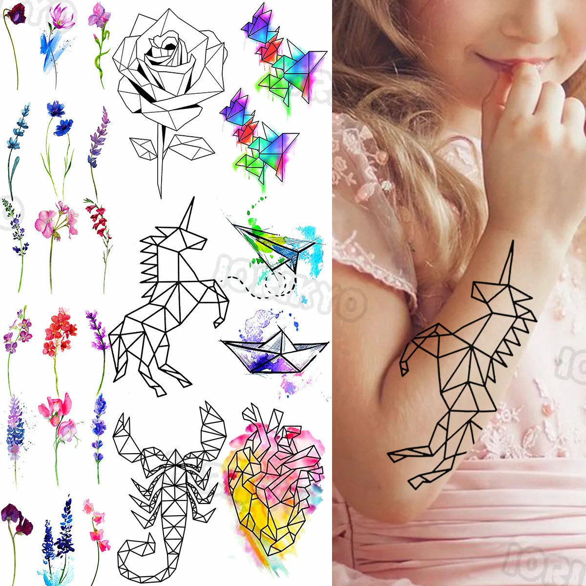 

Black Unicorn Small Temporary Tattoos For Kids Girls Realistic Rose Flower Lavender Cartoon Heart Fake Tattoo Sticker Arm Tatoos