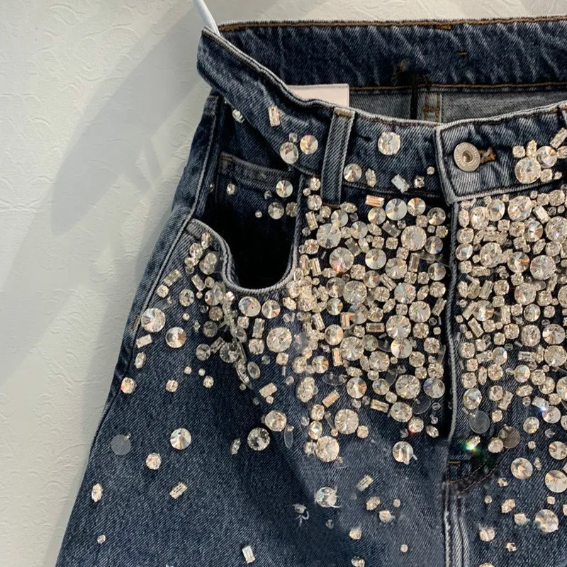 High Quality Denim Skirt Women Design Luxury Diamonds High Waist A-Line Split Skirts Office Ladies Sexy Slim Fit Wrap Mini Skirt