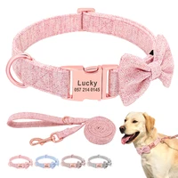 personalized dog collar leash set soft with bow custom engraved name nylon dog collar lead free print for small medium large dog