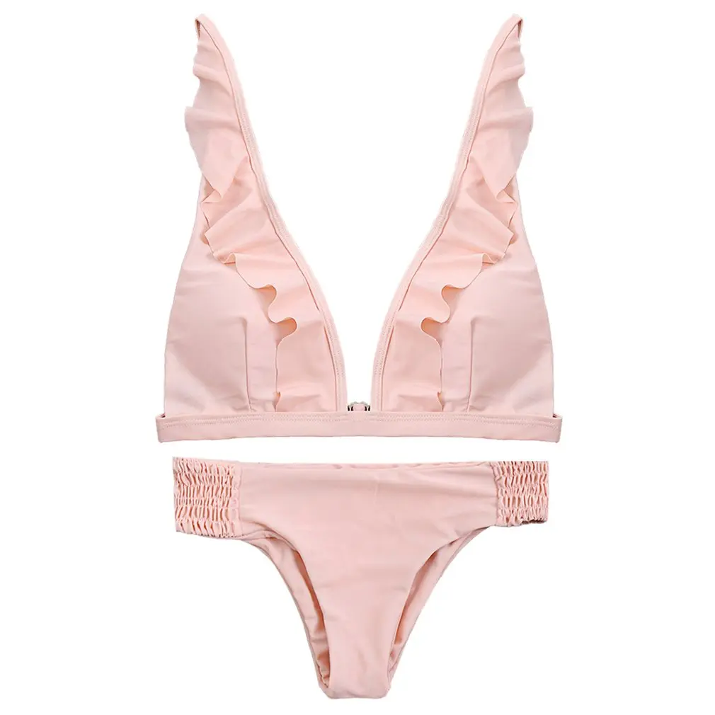 2017 стильное бикини Женский сексуальный купальник с оборками и глубоким вырезом