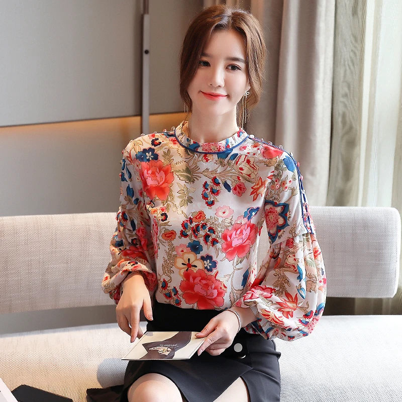 Женская винтажная блузка в китайском стиле с цветочным принтом и длинным