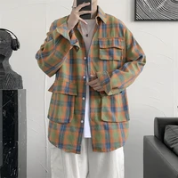 plaid shirt mens long sleeved autumn loose hong kong style tooling shirt ins tide brand personality multi pocket jacket