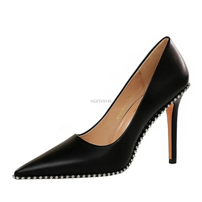 

2021 New Style Sell Well Shoes Rivet Woman Pumps Heels Stiletto Leather Women Heels Sexy Party Shoes Female Heel Plus Size 43