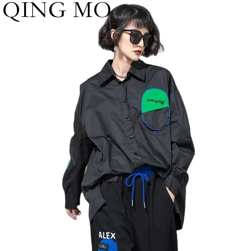 

Женская блузка с отложным воротником QING MO, однобортная Свободная Повседневная блузка большого размера, черного и белого цвета, весна 2022