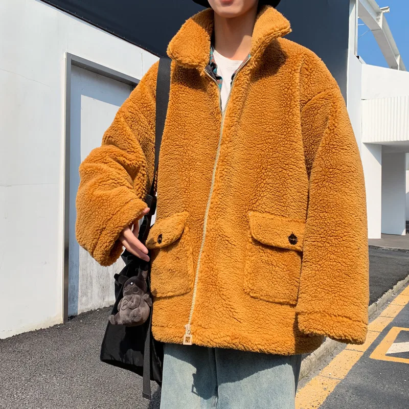 Winter Lamb Fur Jacket Men's Warm Thick Parka Men Fashion Solid Color Casual Coat Man Loose Cotton Jacket Male Clothes Overcoat