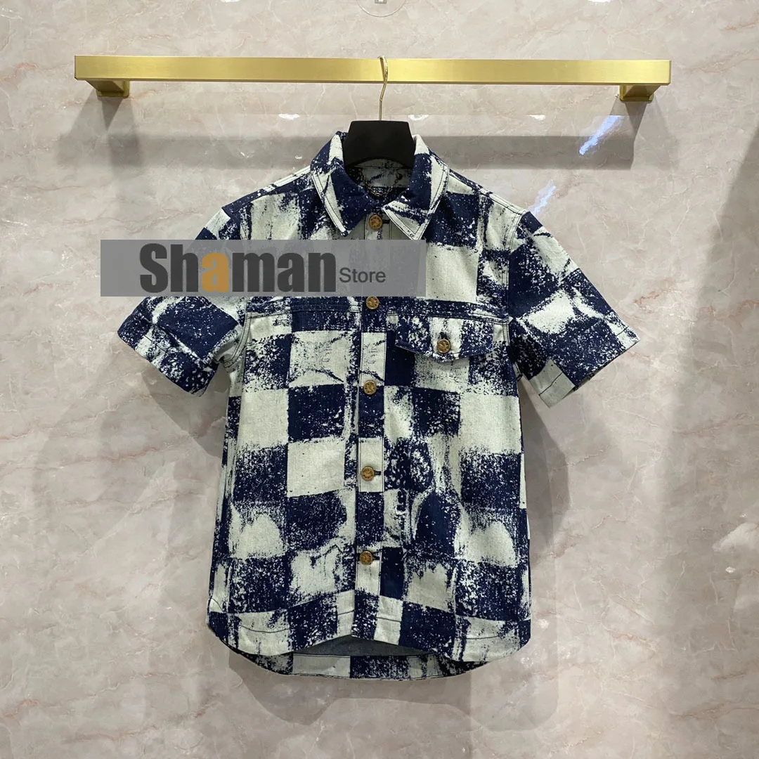 

Luxury Designer Women 2021 New Branded High End Plaid Denim Short Sleeve Classic Checkerboard Plaid Pattern womens tops shirt