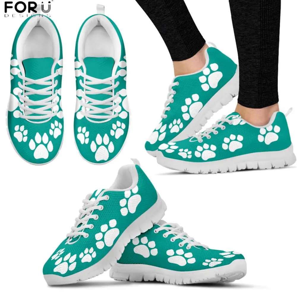 FORUDESIGNS Luxury Brand Shoes Women Cute Pet Dog Cat White Paw Pattern Flats Woman Breathable Casual Green Sneakers | Обувь