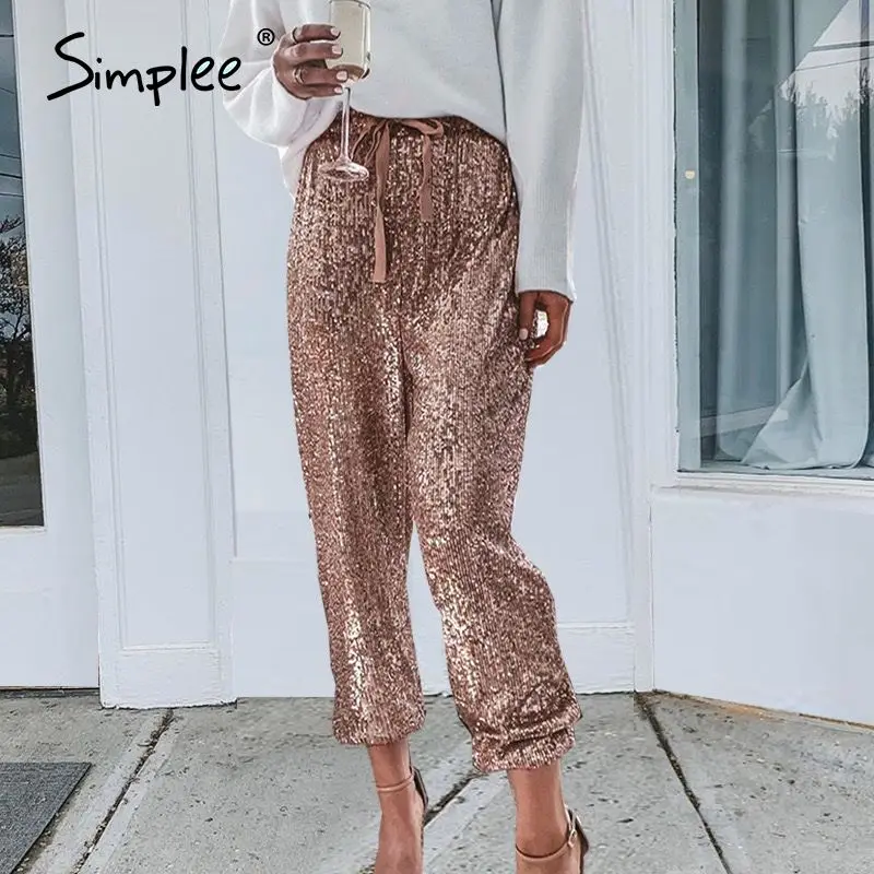 Simplee Casual loose sequin long pants trouser Women high waist fashion summer female Elastic party tie 2020 | Женская одежда