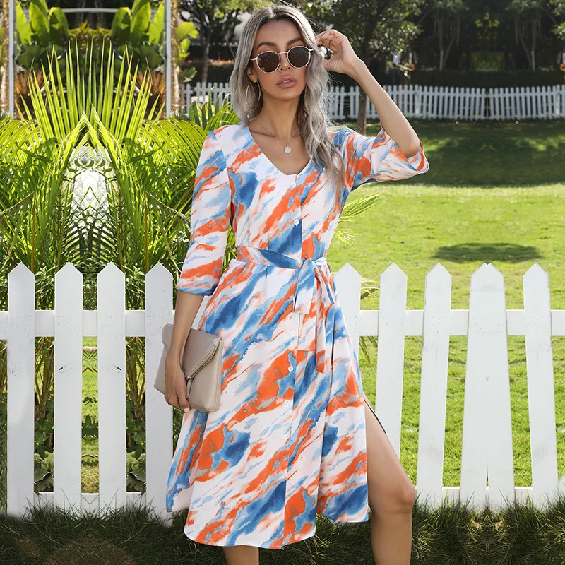 

Dresses Woman 2021 Summer Tie-dye Flower Printed Short Sleeve V-neck Waist Split Dress Summer Long Maxi Dress Vestido De Mujer