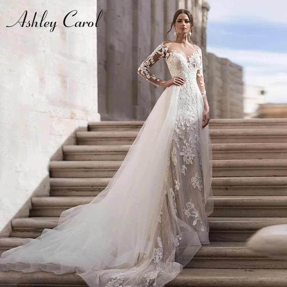 

Ashley Carol Mermaid Wedding Dress 2022 Detachable Train Long Sleeve 2 In 1 Lace Appliques Bride Dresses Sweethear Bridal Gowns