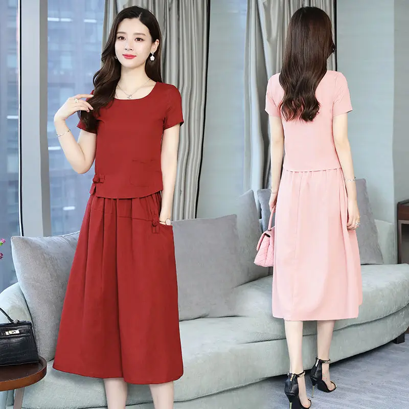 2020 New Summer Women Fashion Holiday Outfits Cotton Linen Short Sleeve T-Shirt + Elegant Skirt 2 Piece Sets Female Suit H65 |