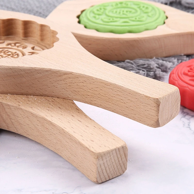 

H7EA 3D Exquisite Pattern Traditional Wooden Carved Round Wooden Mould Mid-autumn Festival Easy Clean Gift for Family Home