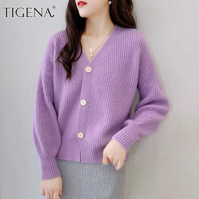 

Кардиган женский вязаный на пуговицах, однотонный, фиолетовый, Осень-зима 2021