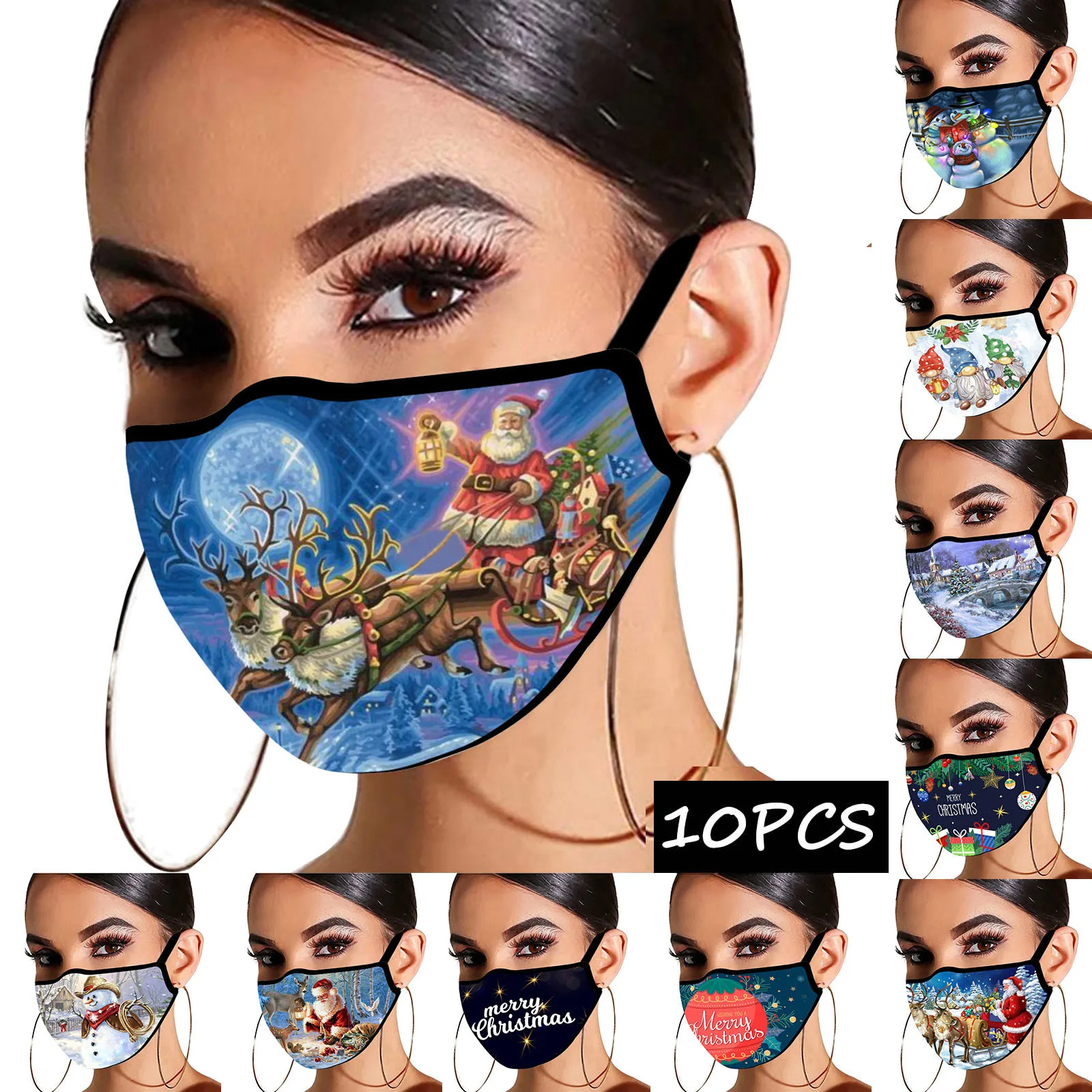 

10PCS Adult Christmas Printed Face Mask Unisex Outdoor Breathable Dustproof Washable Cotton Mouth Masks mascarillas reutilizable