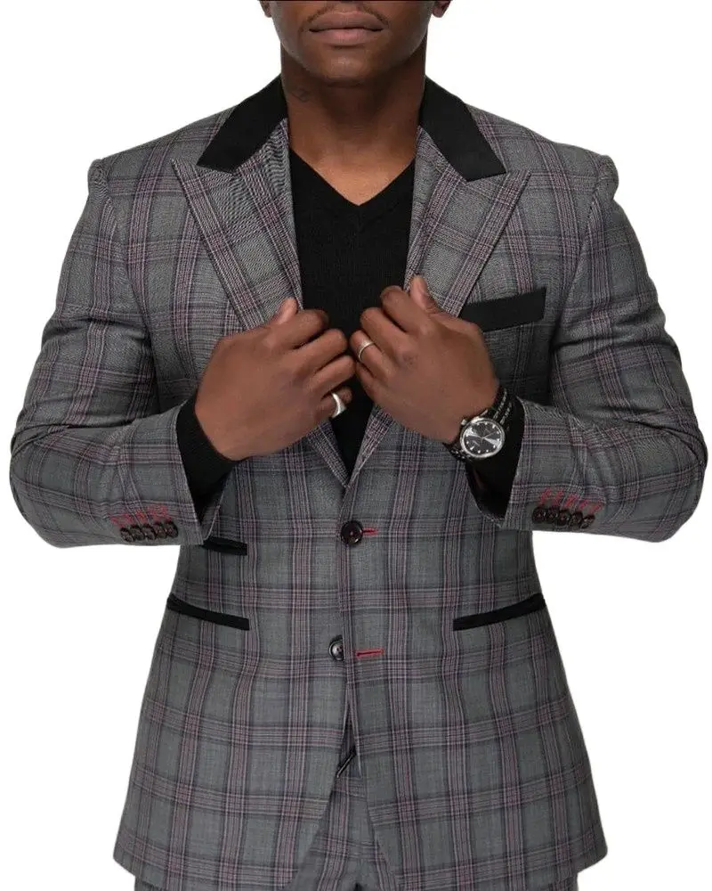

Costume Homme Business Men Suits Fashion Tailor-Made 2 Pieces Gray Plaid Peak Lapel Two Buttons Tuxedos Formal Wedding Wear