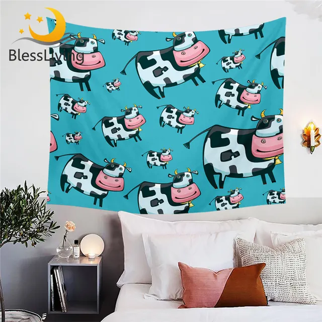 BlessLiving Milk Cow Wall Hanging Tapestry Cartoon Animal Tapisserie Watercolor Beach Mat Pink Mouth Tapiz Cute Home Decorations 1