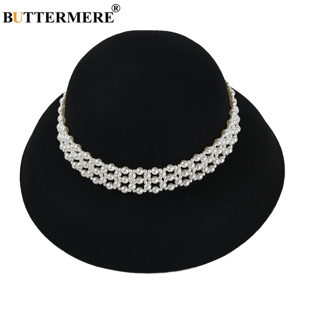 

BUTTERMERE Ladies French Vintage Fedora Hat Women Woolen Black Pearl Dome Felt Hat Atumn Winter Church Party Brand Women Hats