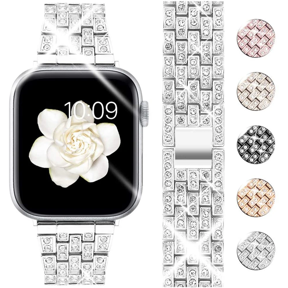 

Женский звеньевой браслет для Apple Watch 40 мм 44 мм 38 мм 42 мм, металлический браслет из нержавеющей стали с блестящими бриллиантами для iWatch Band 6 Se 5 ...