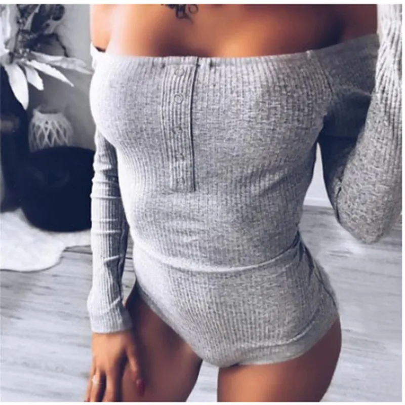 

Black Off Shoulder Sexy Bodysuit Women Long Sleeve Slash Buttons Bodycon Rompers Womens Jumpsuit Solid Summer Body Suit