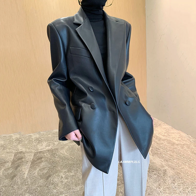 Korean 2022 New High Quality Spring Autumn Black Long Sleeve PU Leather Jacket Women Pocket Female Loose Blazer Fashion PY198