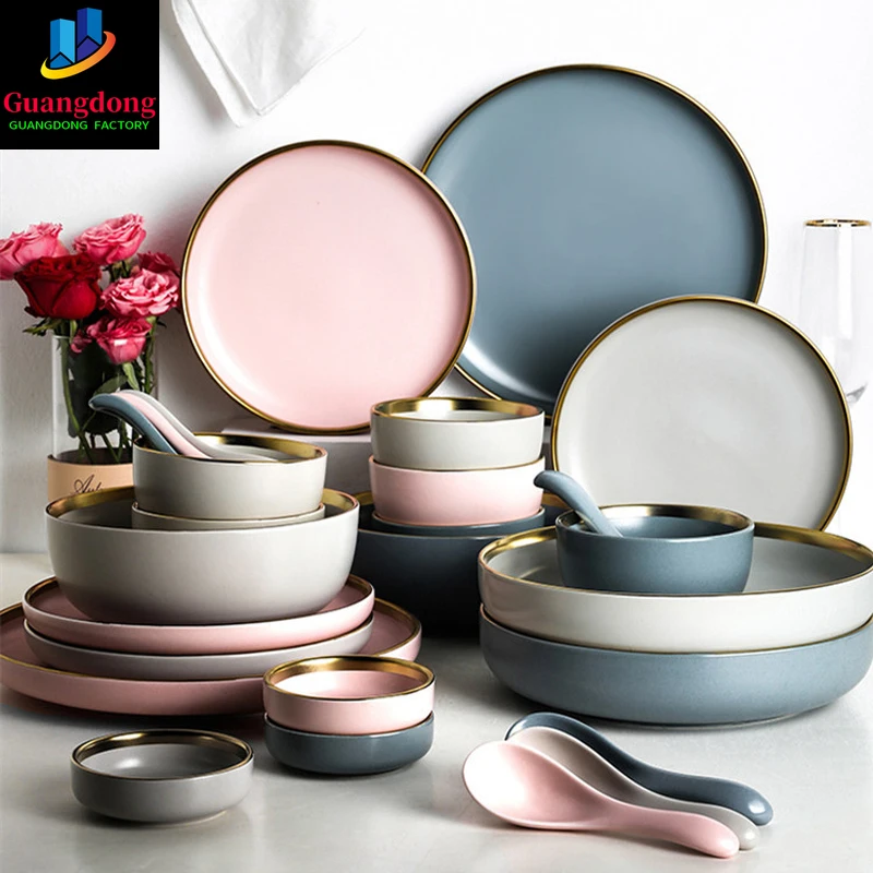 

Однотонная керамическая тарелка с золотой инкрустацией, тарелка для стейка, посуда в нордическом стиле, столовая посуда, столовая посуда, н...