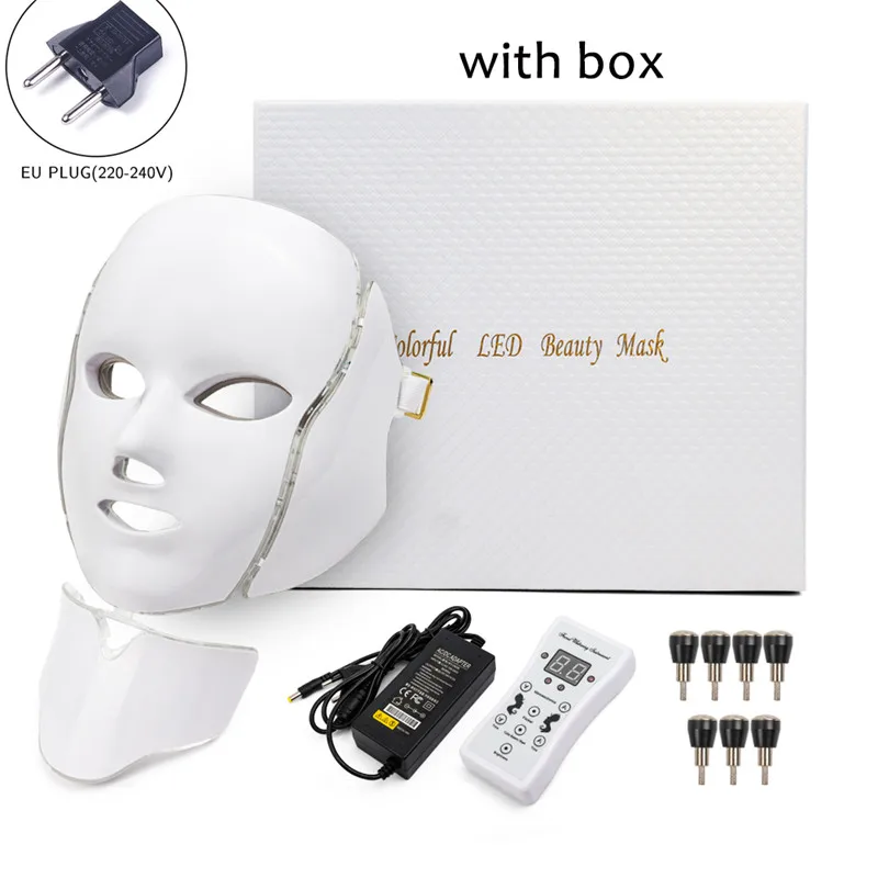EU Plug withbox 7 цветов светильник светодиодный маска для лица с омоложением кожи шеи уход за лицом Лечение Красота анти акне терапия Фотон отбеливание PDT - Цвет: EU Plug withbox
